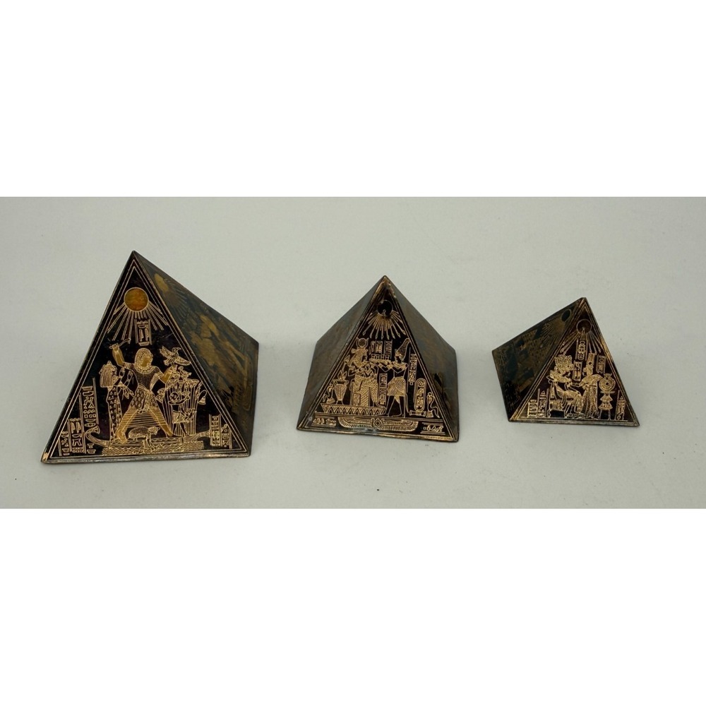 Vintage Egyptian Pyramid Figurines Set 3 Brass Hieroglyphics Statue Decor - Picture 3 of 6